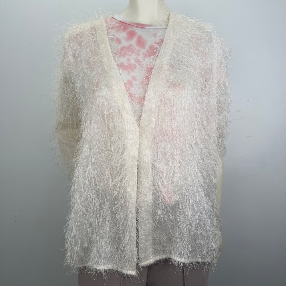 Handmade Ivory Eyelash Tinsel Open Front Sheer Cardigan Shaggyβ Boho One Size